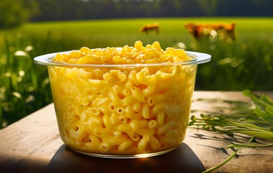 Mac and Cheese out in a pasture with dairy cows in the background to the left of text reading: “Enter Your Sustainable Cooking Era”